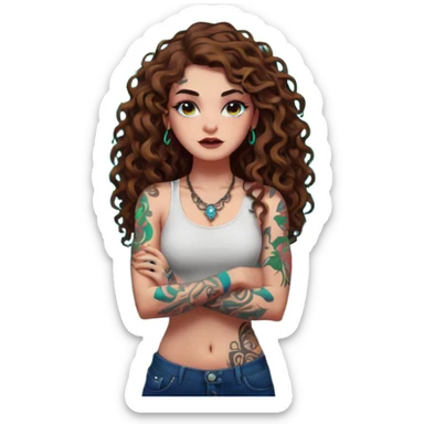 full body view of a woman with long curly brown hair, brown eyes, white skin, tattoos, arms crossed, eyebrow raised, neon forest chaos behind her sticker