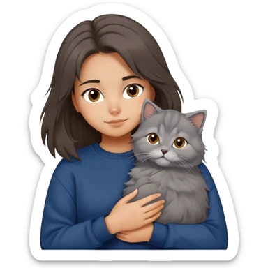 Brunette girl with dark blue sweatshirt snuggling a fluffy grey Siberian cat, cute cartoon style sticker