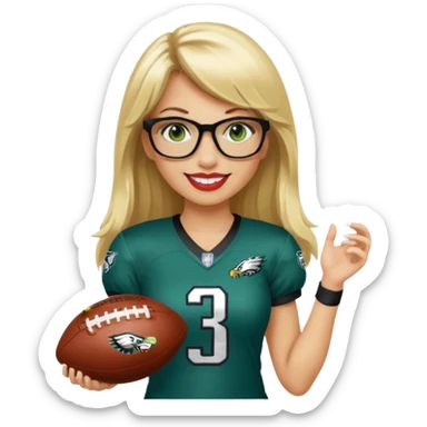 full length women wearing eagles uniform, long blonde hair, bangs, green eyes, black glasses, holding football, number 33, smiling, lipstick sticker