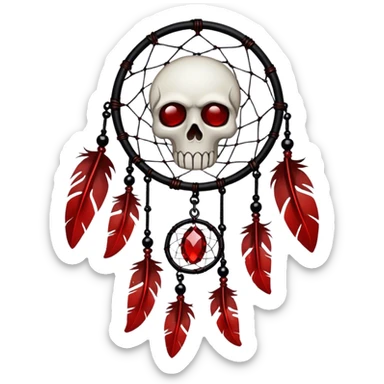 Blood-red, bloody, obsidian-black, edgy, dream catcher, red gemstones, black wires, black threads, skull, white feathers, badass, evil sticker