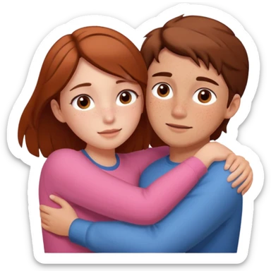 Girl and guy, both peach skin, girl has freckles, both have browm hair HUGING EMOJI sticker