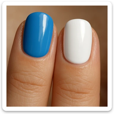 close-up of a pair of fingernails on a hand, one fingernail painted blue and the other painted white, clear detail sticker