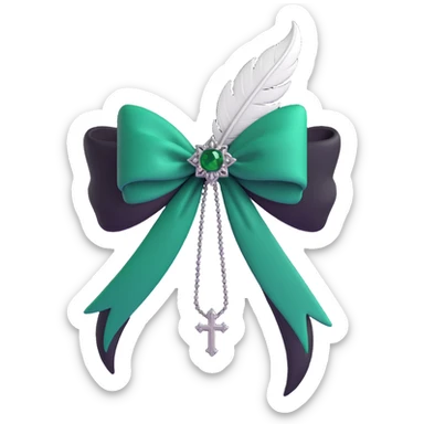 3D emoji gothic bow, dark emerald velvet, silver cross, feather details, lush and gothic sticker