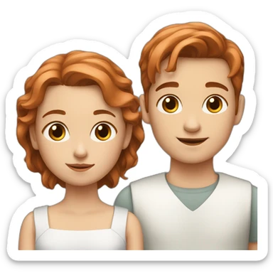White young girl with copper-colored hair tied back with a white young boy with brown hair sticker