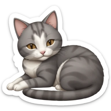 dark grey and white small cat with its eyes closed lying down leaning on its elbow with its paw curled under its head holding it up sticker