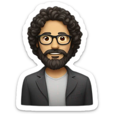 man with a beard and very long dark curly hair, with square, red glasses and beard sticker