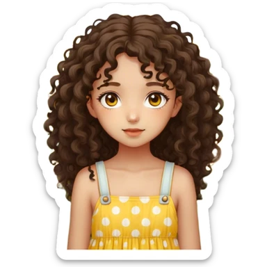 Create an image of a young dark Kawaii girl with detailed features. She has curly hair cascading down her shoulders and striking, large hazel eyes. She is wearing a yellow sundress with white polka dots. She is standing in a field full of sunflowers sticker