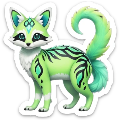 Rare realistic iridescent neon lime-green & cyan white black lush tropical exotic edgy epic pretty beautiful handsome gorgeous aesthetic colorful vibrant Vernid-Protogen-Fionbri-Genet-Trico-species-Fakemon-hybrid-creature by LiLaiRa, beautiful intricate markings, full body sticker