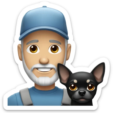 Handsome man, with blue eyes, grey hair, and grey goatee beard, wearing ball cap and holding a long haired black chihuahua sticker