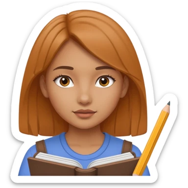 Girl coloring with pencil, writing on sketchbook sticker