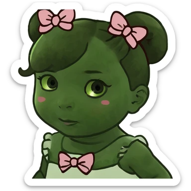 Brown hair, medium skin tone baby girl with bows on her hair, and wearing a white dress with rose designs on it  sticker