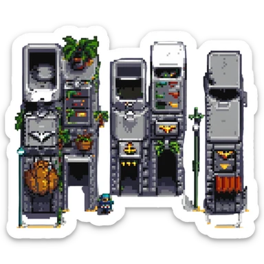 Wide pixel art background of a dark Gotham City street. Empty road with sidewalk, flickering lamppost casting light, trash bins nearby, distant shadowy silhouettes. Tall buildings in the background, moody atmosphere, subtle rain or fog. sticker