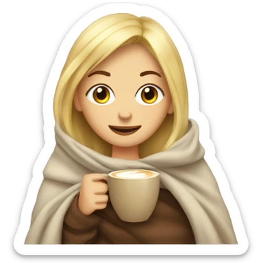 blonde girl wrapped in a blanket with a cup of coffee sticker
