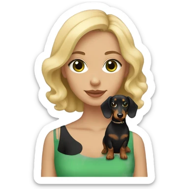 Girl with short wavy blonde hair and green eyes holding a black and tan longhaired dachshund sticker