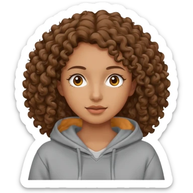 Woman, curly brown hair, hoodie, sticker