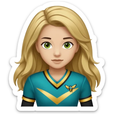 Im white  I have greenish blue hazel eyes I have light brown long hair and my cheer uniform is black and gold and says hornets sticker