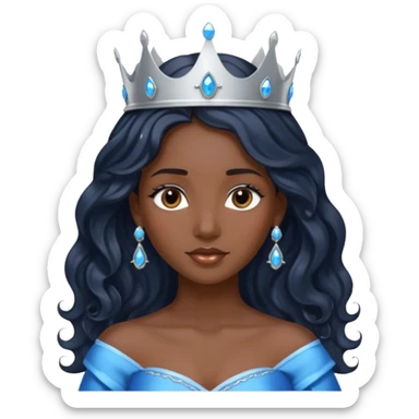 Por favor hazme el emoji de la princesa pero morena con el pelo negro y ondulado y largo, los ojos marrones y la corona plateada con jollas azules sticker