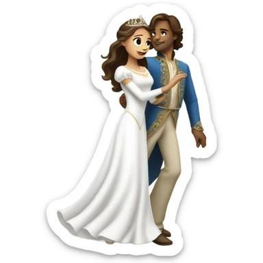 princess with a white dress with long brunette hair dancing with a prince sticker