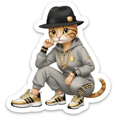 female cat dressed like Run DMC in tracksuit, fedora, Adidas shoes, lots of gold chains, rings, bracelets, earrings, whispering to a friend, no sunglasses sticker