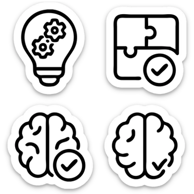 creative icon representing a problem solver, such as a lightbulb with gears, a puzzle piece, or a brain with a checkmark, four distinct visual interpretations, modern outlined icon style sticker