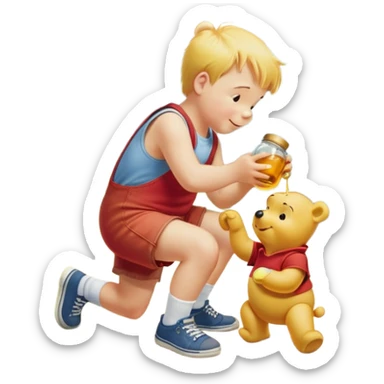 yellow teddy bear winnie the pooh is wearing a red t-shirt with the inscription "Winnie" eats honey from a jar happily communicates with his little friend Christopher Robin, Christopher Robin boy 10 years old is wearing a white shirt, red vest, denim shorts, white socks black sneakers  sticker