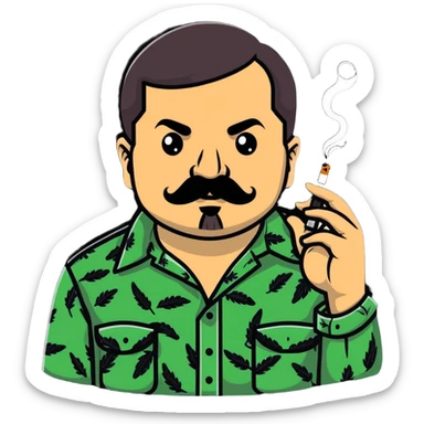 Mexican drug lord El Chapo with mustache and patterned shirt, smoking weed sticker