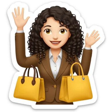 medium deep tan brown business woman with long black curly hair, waving hand with happy face with smile mouth and carrying yellow bag on her shoulder sticker