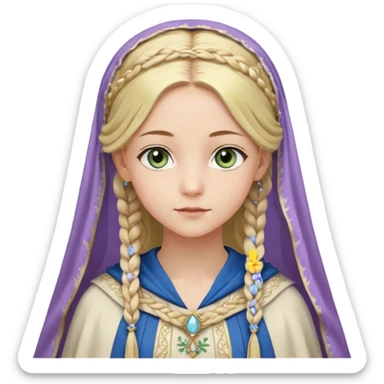 Joven de unos 30 años, de aspecto dulce y elegante.
Piel clara, ojos (pueden ser azules o verdes)
Rubio o castaño claro, largo, con trenzas o velo.
Vestido largo de tonos suaves (blanco, azul o lavanda), con bordados dorados; un manto o toca fina cubriendo la cabeza. Haz todo el cuerpo. sticker