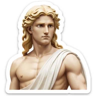 Cinematic Realistic Thor Portrait, depicted as a classical Greek god with a chiseled, sculpted physique reminiscent of ancient marble statues. His fair, luminous skin carries a subtle golden sheen, and his long, wavy, sun-kissed golden hair flows elegantly around his noble face, accentuating his determined, piercing eyes. Draped in a flowing white toga with delicate golden accents and hints of lightning motifs, the portrait is rendered in dynamic natural lighting with a radiant, mythic glow that exudes timeless strength and divine grace. sticker