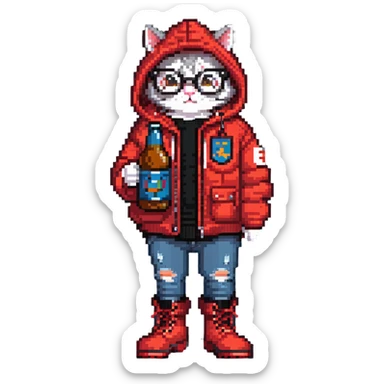 Catfish wearing red hooded winter jacket, round glasses, blue jeans, red boots, holding beer can with red label sticker