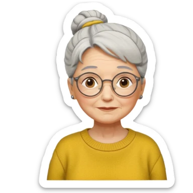 Abuela con arrugas, cabello canoso blanco en moño, expresión tierna, gafas redondas, suéter amarillo y detalles relacionados con plantas. Estilo amable y acogedor. sticker