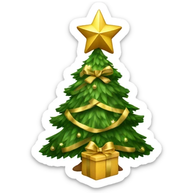 Christmas tree with golden ornaments, star on top and a golden bow sticker