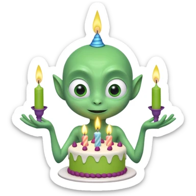 A cute friendly alien holding a birthday cake with candles, big expressive eyes, bright colors, cartoon style, playful atmosphere, 3D animated look, Pixar-inspired, highly detailed
 sticker