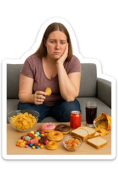 Donna tra i 25 e i 35 anni seduta sul divano o a un tavolo disordinato, circondata da cibi sparsi e poco sani: patatine, dolci, pane bianco, snack confezionati, bibite. con infiammazione e squilibri ormonali sticker