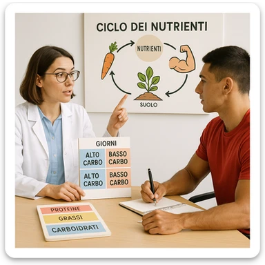 educational scene with a nutritionist explaining nutrient cycling to an athlete, vertical planner on the desk with alternating high-carb and low-carb days, color-coded sections for proteins, fats, and carbohydrates, text in Italian written vertically. The athlete is taking notes, with an illustrative chart in the background. Professional and educational atmosphere. sticker