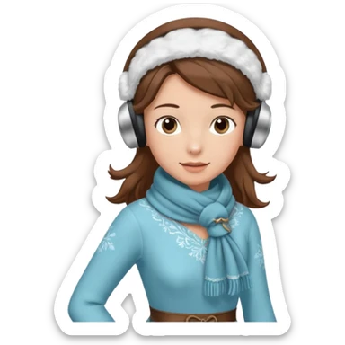 Victorian ice skater in a long dress. She is wearimg a scarf and earmuffs. She has brown hair. sticker