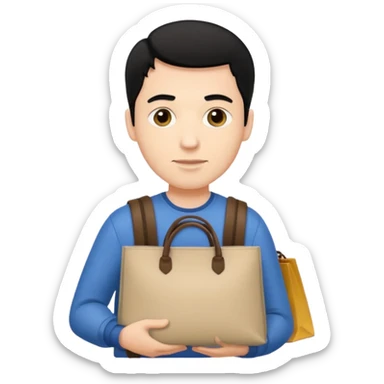 a white man with black hair carrying branded bags sticker