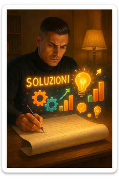 Un uomo concentrato, seduto alla sua scrivania in una stanza con luce calda, sta scrivendo su un enorme foglio di carta che si espande magicamente davanti a lui. Mentre scrive, le parole si trasformano in elementi visivi tridimensionali che rappresentano le soluzioni ai suoi problemi in italiano sticker