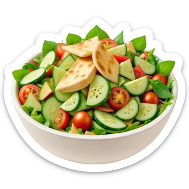 Cinematic Realistic Fattoush Salad Dish Emoji, depicted as a colorful medley of greens, tomatoes, cucumbers, and crispy pita rendered with vibrant textures and refreshing lighting. sticker