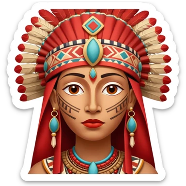 Create an emoji of a wise and calm face inspired by the Paracas culture. Include geometric textile patterns, vibrant red and ochre colors, and ceremonial headdresses. The emoji should reflect ancient wisdom and serenity, in the style of pre-Columbian art. sticker