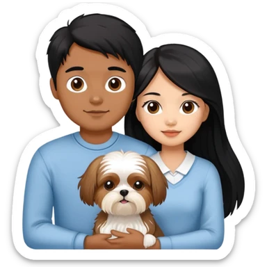 A beautiful Asian girl with long black hair is holding a small yorkshire Terrier. She is standing next to her brown skinned boyfriend, who is holding a white Shih Tzu. They are each holding one dog each sticker