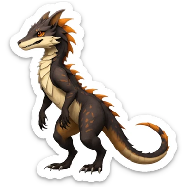 Brown and beige badass elegant wild beautiful natural cute badass epic exotic anthro modern furry 2-legged sergal-vernid-Salandit-creature, full body, dark-brown-black-gradient pretty hair, with a long tufted tail, beautiful hazel-orange eyes, aesthetic, art by LiLaiRa, art by art by Falvie sticker