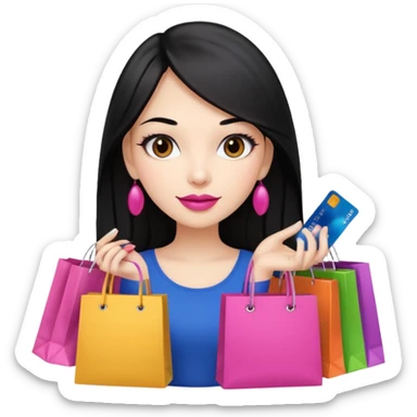 Girl with long black hair and pink lipstick, brown eyes holding shopping bags and credit card sticker