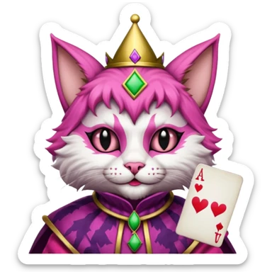 court jester cat medieval, single poker card joker clearly visible, pink, face only sticker