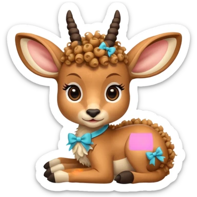 cute gazzelle with curly fur, sitting down, wearing a bow on its head. sticker