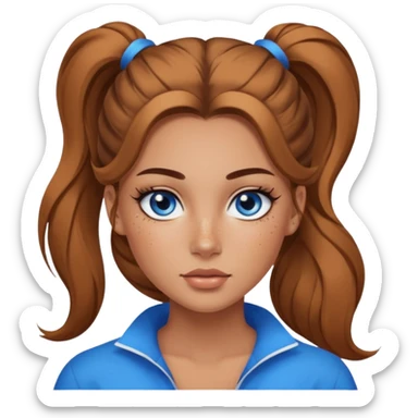 Attractive Woman with tan skin, baddie style, blue eyes, wide face, freckles, and a long voluminous ponytail and dark eye makeup sticker