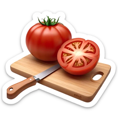 Cinematic juicy ripe tomatoe, deep red, slightly dewy, arranged on a wooden cutting board, soft glowing background, rich and flavorful. sticker