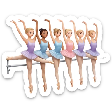 "Icon for Choreography: a group of dance students stretching, holding one hand on a long barre along the wall. The icon should capture the disciplined and graceful nature of ballet practice. Transparent background. sticker