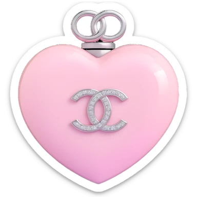 Add a soft pink glow around the glossy white heart with diamond accent and silver Chanel logo, elegant, white and silver color scheme, keep the background transparent except for the glow. sticker