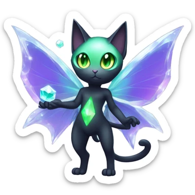 Shiny, Sparkly, Black Dark-type-Fairy-Type-Psychic-Ice-type-Fakémon-Cat Purple eyes, green gem, full body sticker
